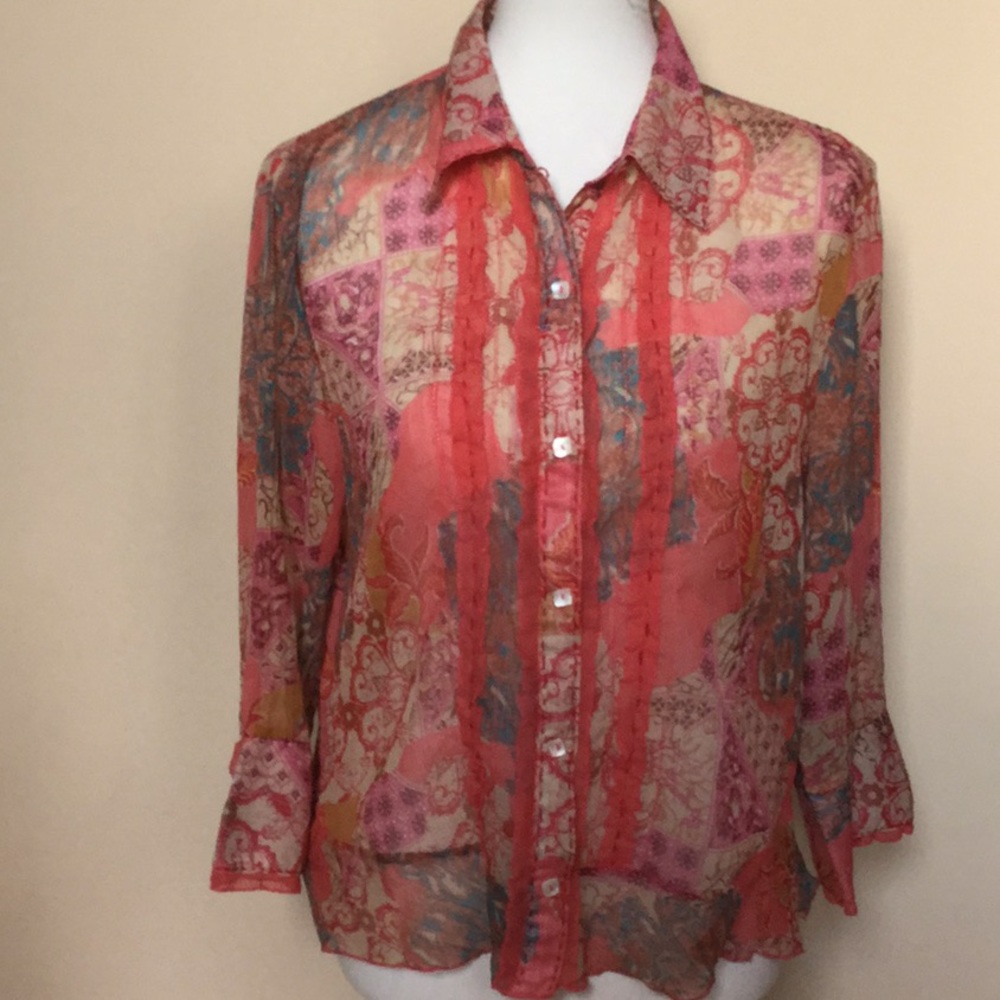 Gauzy sheer printed button front blouse, size L